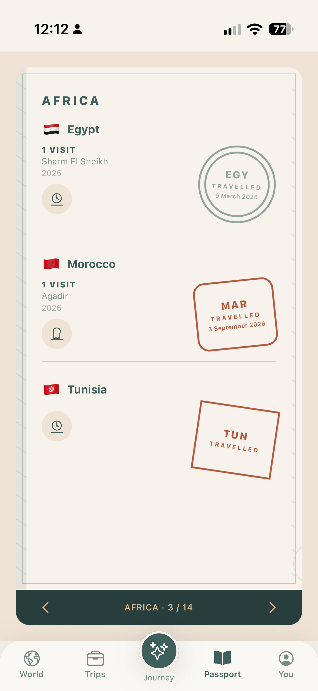A Travelled passport page for Africa listing Egypt, Morocco and Tunisia with their flags and visits, each marked with a Travelled passport stamp.