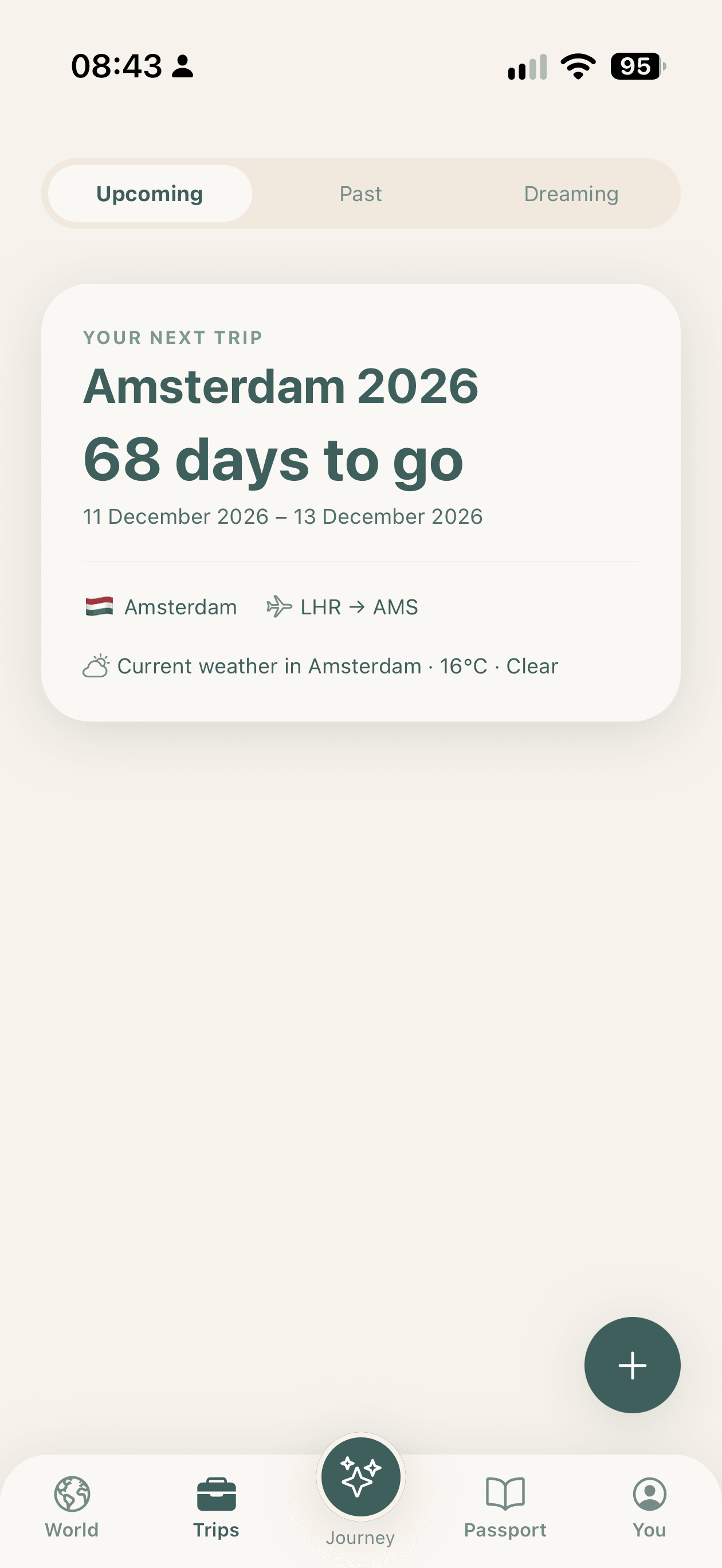 The Travelled Trips screen with Upcoming selected. Your next trip: Amsterdam 2026, 68 days to go, 11–13 December 2026, flying LHR to AMS, with the current weather in Amsterdam.